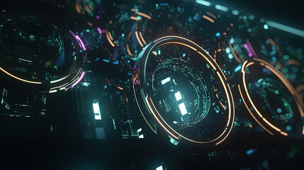 Wall Mural - technology abstract background with hud styled round interface elements in neon tech light.