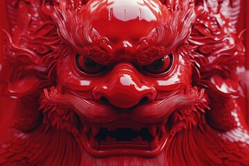 A detailed view of a fiery red demonic figure sculpture