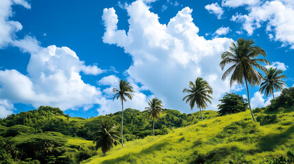 Wall Mural - A lush hillside is blanketed with vibrant greenery, palm trees sway gently in the breeze, and a brilliant blue sky is dotted with fluffy white clouds. Lush Hillside. Illustration