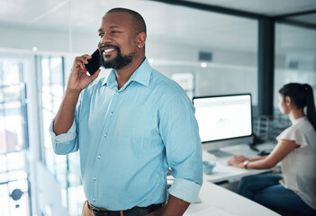 Aufkleber - Office, smile and businessman consulting with phone call for finance, feedback or client update. Investment broker, idea and discussion with tech at work for stock trading, negotiation or information