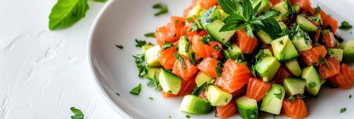 Fresh salmon tartare with avocado on white plate for healthy cuisine inspiration