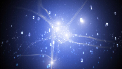 Wall Mural - artistic neuron cell in the brain with glowing computer binary code numbers illustration background.
