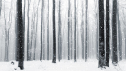 Wall Mural - blurred snow forest with realistic snowflakes.