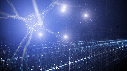Wall Mural - artistic neuron cell in the digital technology network brain illustration background.