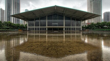 Aufkleber - Explore the stunning modern architecture of the grand performing arts center reflected in water after rain