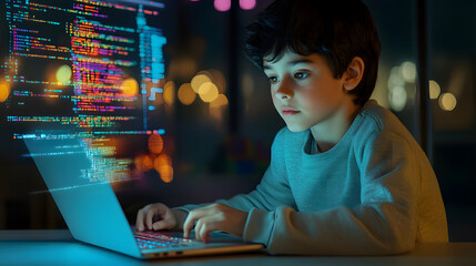 young boy focused on coding with laptop, colorful code on screen