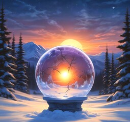 Illustration of Christmas ball decoration with winter snowy landscape and blue glowing inside.