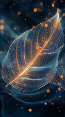 Aufkleber - Golden leaf made of glowing particles floating on dark blue background with sparkling particles