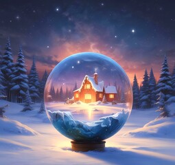 Illustration of Christmas ball decoration with winter snowy landscape and blue glowing inside.