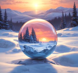 Illustration of Christmas ball decoration with winter snowy landscape and blue glowing inside.