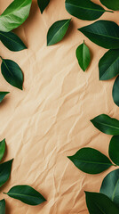 Fototapete - Brown paper background with green leaves border and space for text