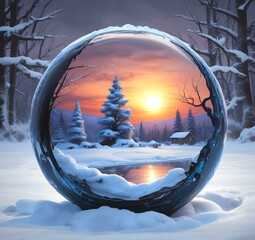 Illustration of Christmas ball decoration with winter snowy landscape and blue glowing inside.