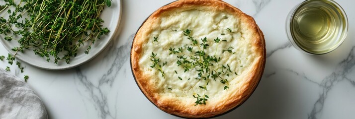 Delicious cheese soufflé with golden top and fresh herbs for culinary inspiration