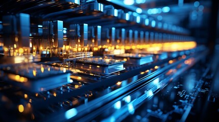 Wall Mural - a computer chip is shown in a blue and yellow light