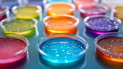 Laboratory setup with rows of petri dishes filled with colorful cultures and stains, vibrant hues and organic patterns in each dish, soft focus on background lab equipment adding depth --ar 16:9