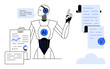 © robu_s - A robot with AI symbol holding data charts and documents points to a checklist on a scroll. Ideal for technology, artificial intelligence, data analysis, automation, and innovation. Simple vector art