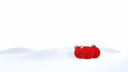 Wall Mural - red christmas baubles in the snow snowfall illustration with copy space.