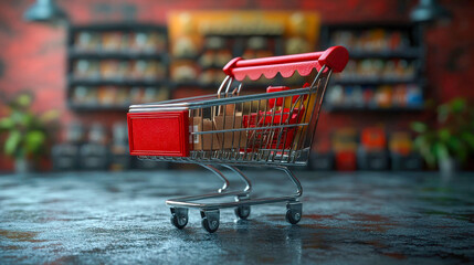 A simple metallic shopping cart with red accents, isolated on a vibrant blue background