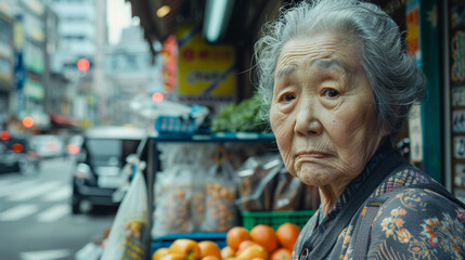 Wall Mural - A woman with gray hair stands in front of a fruit stand