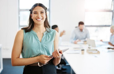 Confidence, meeting and portrait of woman with tablet for schedule, report or research for business planning. Office agenda, smile and businesswoman in office with digital app for project management