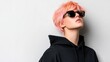 © starush - Trendy individual with pink hair and sunglasses exudes a cool, modern vibe, AI
