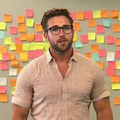 A young man in a pink and white checkered shirt stands in front of a wall covered in sticky notes, looking at the camera with a serious expression.