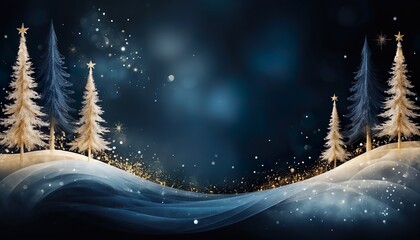 Wall Mural - Christmas trees decorated with golden stars standing on snowy hills at night, creating a magical and festive atmosphere with golden particles floating in the air.