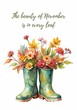 © Татьяна Микитченко - A pair of green boots with autumn flowers and leaves inside. Watercolor painting. Autumn card
