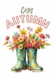 © Татьяна Микитченко - A pair of green boots with autumn flowers and leaves inside. Watercolor painting. Autumn card