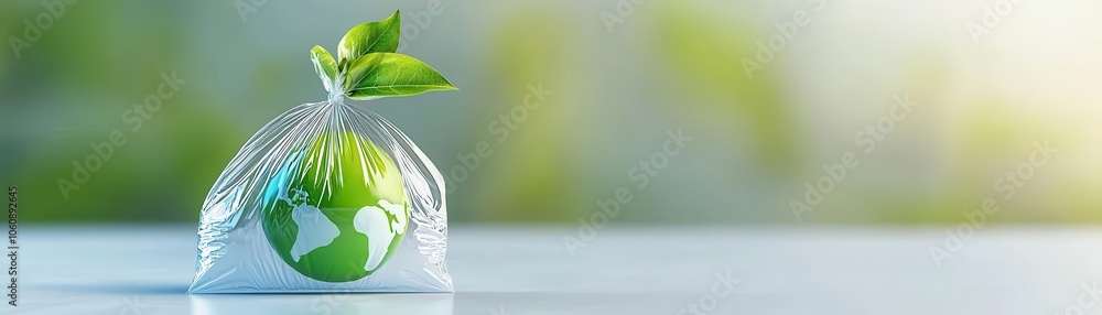 A plastic bag with a green globe logo blowing in the wind, representing ...