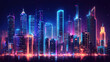 © Thiago - Dazzling cyberpunk metropolis glows with neon lights, showcasing futuristic skyscrapers and advanced urban development at night. Neon Blade City. Illustration