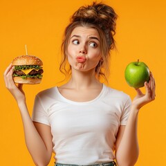 Young Lady With Burger and Apple