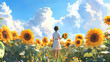 © Thiago - Flower picking in a blooming sunflower field, bright blooms and summer fragrances, hyperrealistic photo. Sunflower Field. Illustration