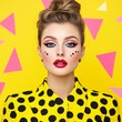 © PuiZera - A young woman with bright makeup and a polka dot jacket poses in front of a yellow background with pink triangles.