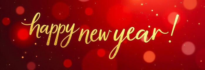 festive background in various shades of red with bright bokeh lights, text Happy New Year in elegant gold cursive script in center. email greeting cards, header, panoramic website background concept.