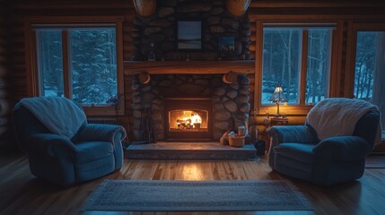 Cozy cabin living room with a fireplace and two armchairs.