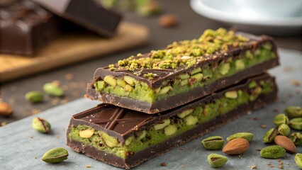 Dubai Chocolate bar with green kadayif and pistachio spread with pistachio nuts close up