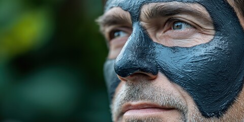 Wall Mural - A man with a black face mask on. The man has a serious look on his face. The mask is black and has a thick texture