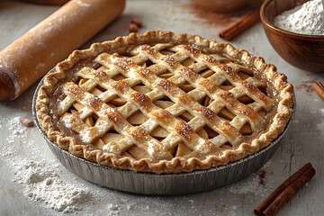 Homemade apple pie with lattice crust and cinnamon on rustic table