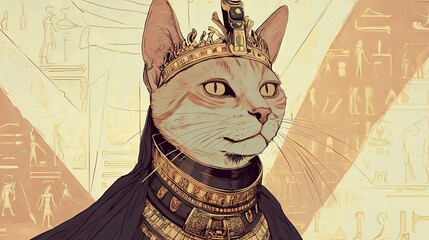 A whimsical drawing of a cat wearing a Cleopatra-style outfit, featuring a detailed collar, crown, and eyeliner, with hieroglyphics in the background