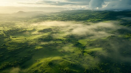 Wall Mural - Morning Mist Rolling Over Lush Green Hills