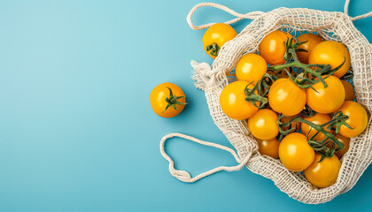 Basket of tomatoes is displayed on a blue background. The basket is made of a white cloth and is filled with ripe tomatoes. Concept of freshness and abundance, as the tomatoes are ripe