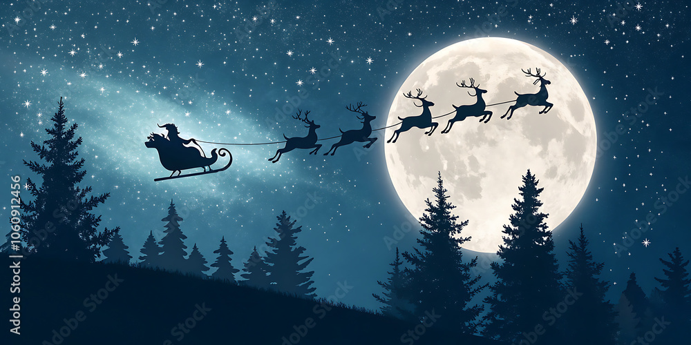 A silhouette of Santa Claus flying in his sleigh pulled by reindeer ...