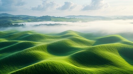 Wall Mural - Rolling Green Hills with Mist in the Morning