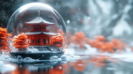 Snow globe featuring a red pagoda and red trees in a serene winter setting