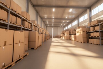 Organized warehouse interior with high metal shelves and stacked cardboard boxes for e-commerce logistics