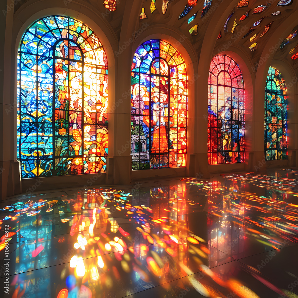 The buildings interior design is enhanced by a row of stained glass ...