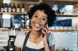 © peopleimages.com - Face, woman and waitress at cafe on phone call for order confirmation and communication in Brazil. Female person, employee and smile or happy on portrait at coffee shop for conversation or networking