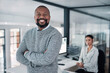 © peopleimages.com - Happy, crossed arms and portrait of businessman in office with confidence for finance career. Smile, professional and African male financial manager from Nigeria with pride for company revenue rate.