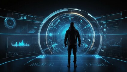 Wall Mural - 3d human motion graphic hud screen . futuristic infographics with 3d rotating body, scanning, animat